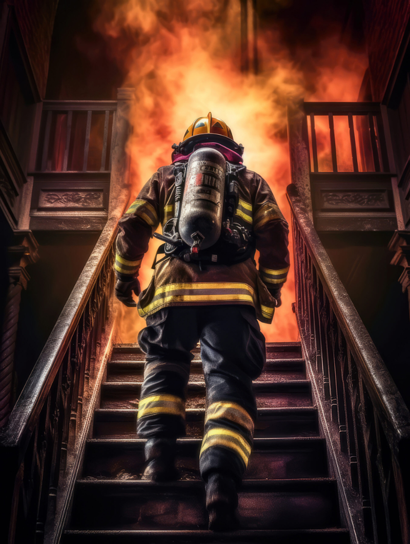 A fireman enters a burning old home. A brave firefighter climbs a ladder in a smoke-filled house or dwelling to the rescue of survivors. Generative ai.