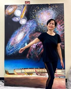 Rubina Anjum with her painting ‘From Austin Airport to the world and the universe beyond’.