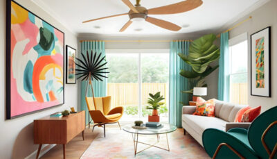 A bright and airy modern living featuring a rattan frame with a colorful tropical print bedspread, generative ai, a spinning ceiling fan, and an abstract art piece