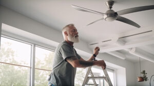 Man installing ceiling fan in the living room, Generative AI